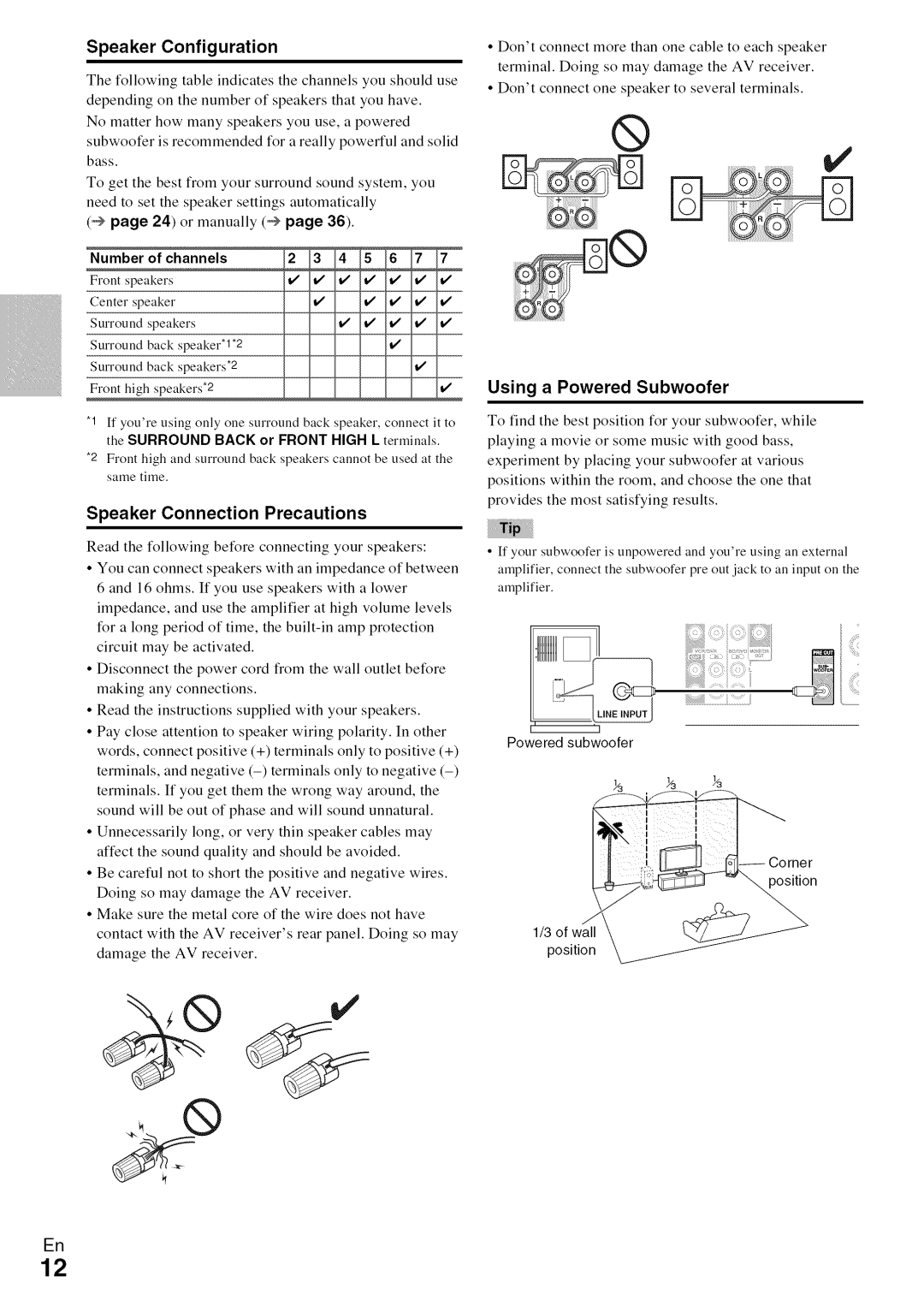 Onkyo HT-R590 Speaker Configuration, Speaker Connection Precautions, Using a Powered Subwoofer, Number Channels 