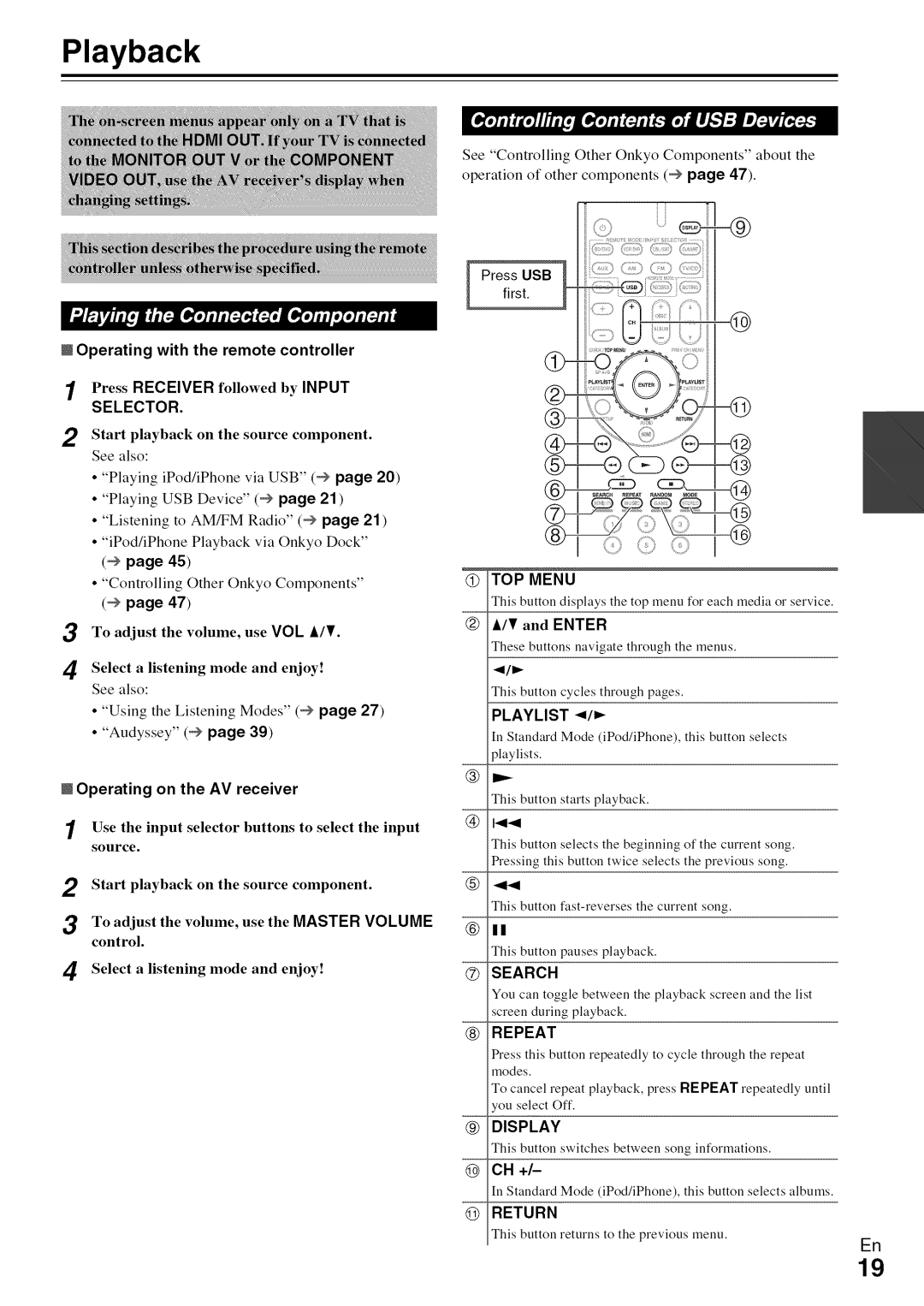 Onkyo HT-R590 instruction manual Playback, @ Ch +, Operating with the remote controller, Operating on the AV receiver 