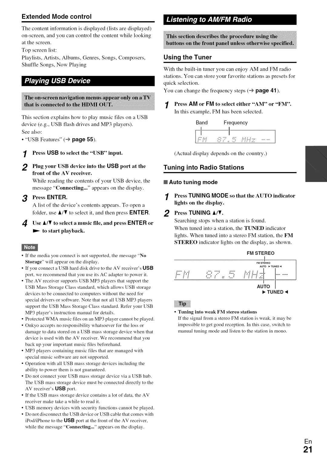 Onkyo HT-R590 Extended Mode control, Using the Tuner, Tuning into Radio Stations, Auto tuning mode, Press Tuning A/r 