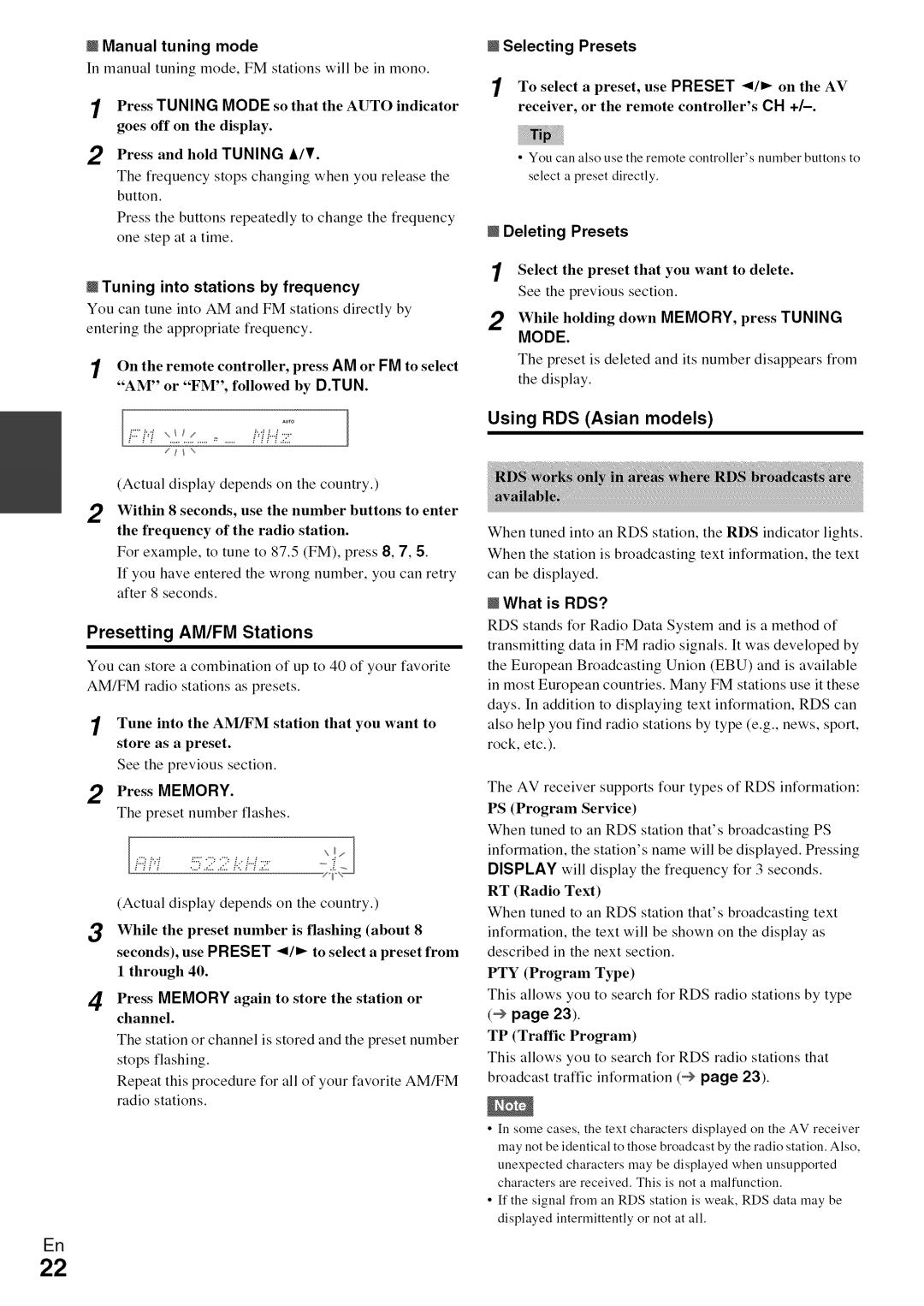 Onkyo HT-R590 instruction manual Press Memory, Using RDS Asian models, Mode 