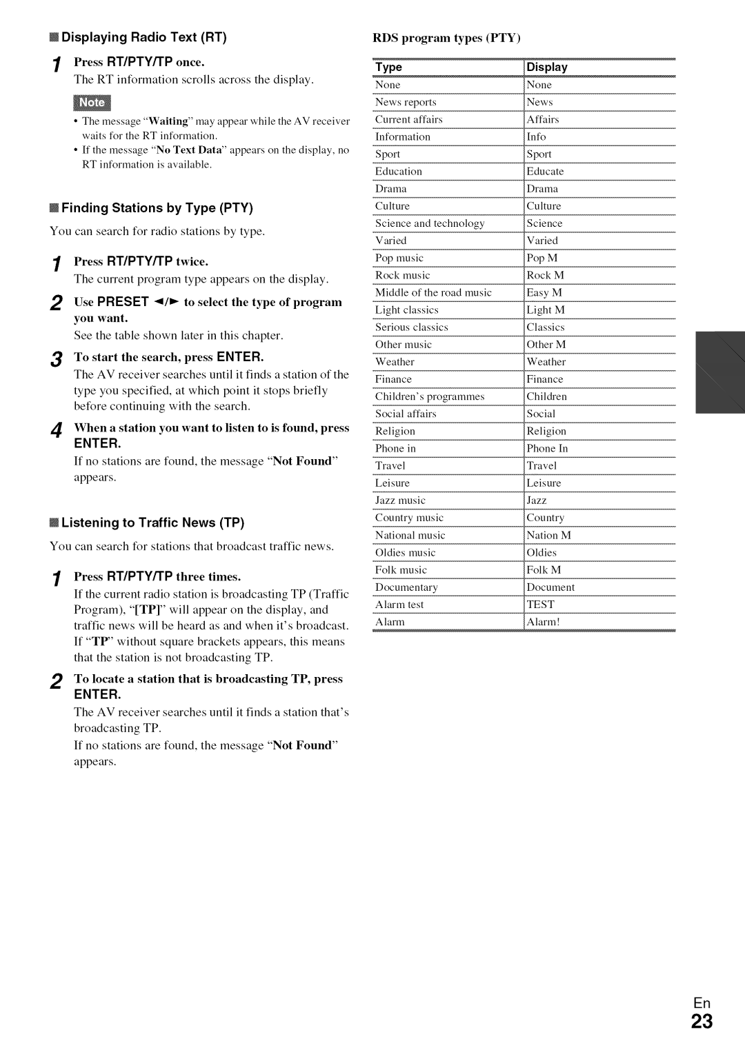 Onkyo HT-R590 Displaying Radio Text RT, Finding Stations by Type PTY, Enter, @ Listening to Traffic News TP 