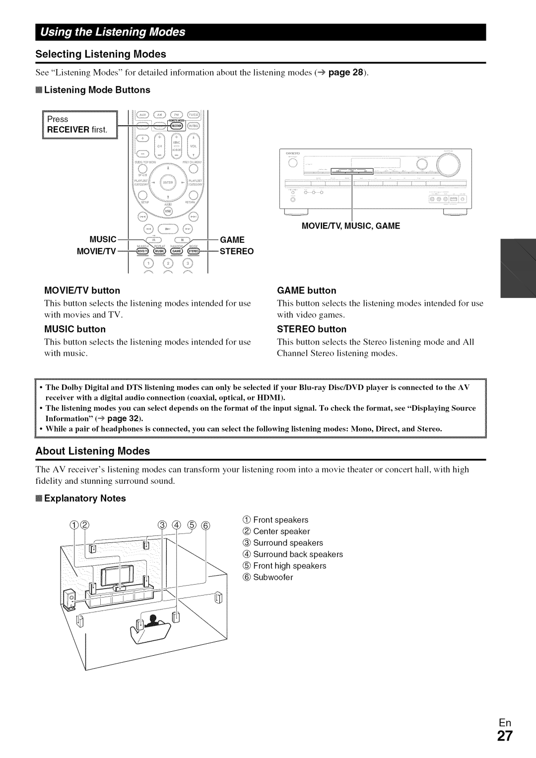 Onkyo HT-R590 instruction manual Music----Game Movie/Tv--Stereo 