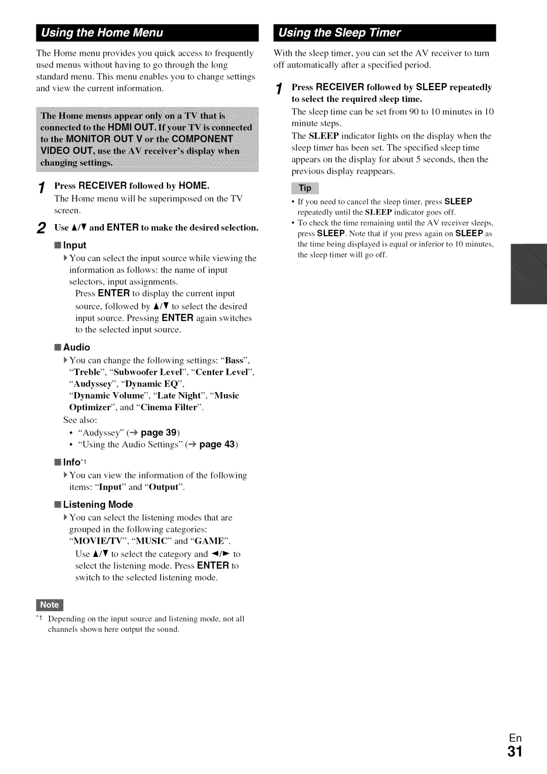 Onkyo HT-R590 instruction manual Input, Info*l, Listening Mode, Press Receiver followed by Home 