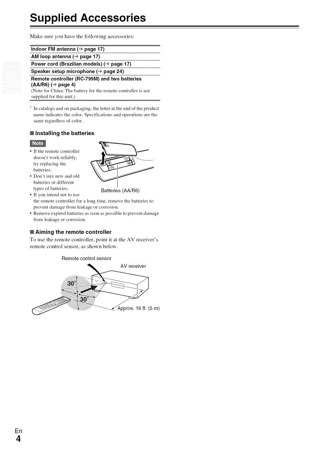 Onkyo HT-R590 Supplied Accessories, Installing the batteries, Aiming the remote controller, Batteries AA/R6 