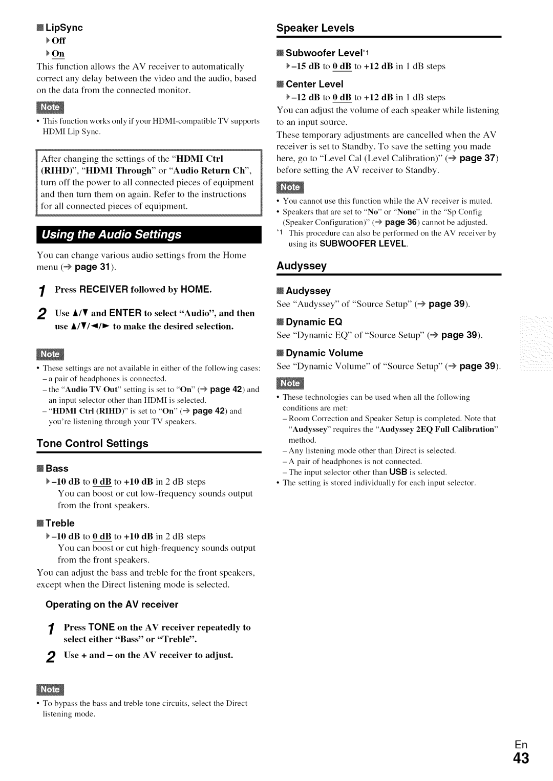 Onkyo HT-R590 instruction manual Menu, Tone Control Settings, Speaker Levels, DB to 0 dB to +12 dB in 1 dB steps 