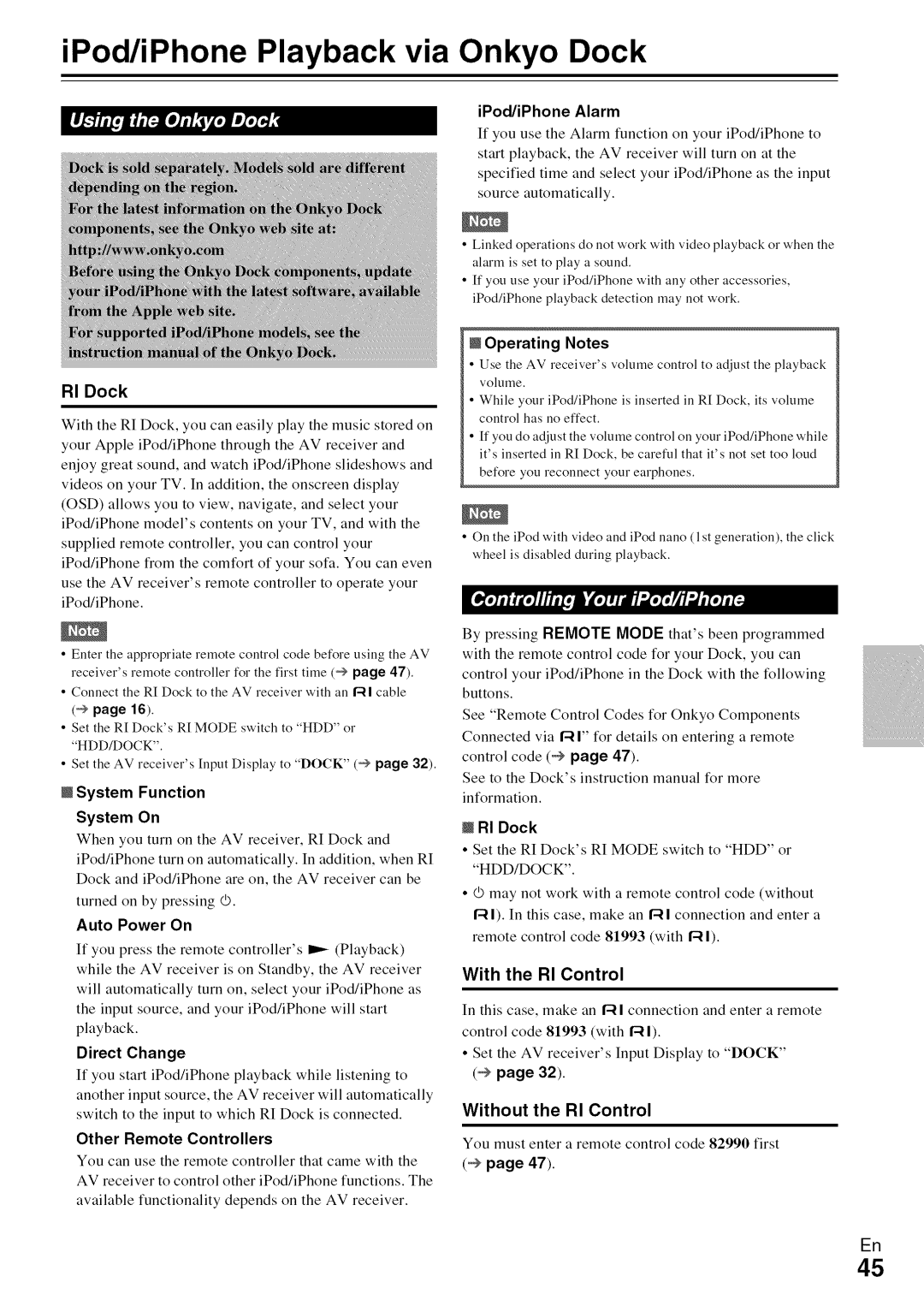 Onkyo HT-R590 instruction manual IPod/iPhone Playback via Onkyo Dock, RI Dock, With the RI Control, Without the RI Control 