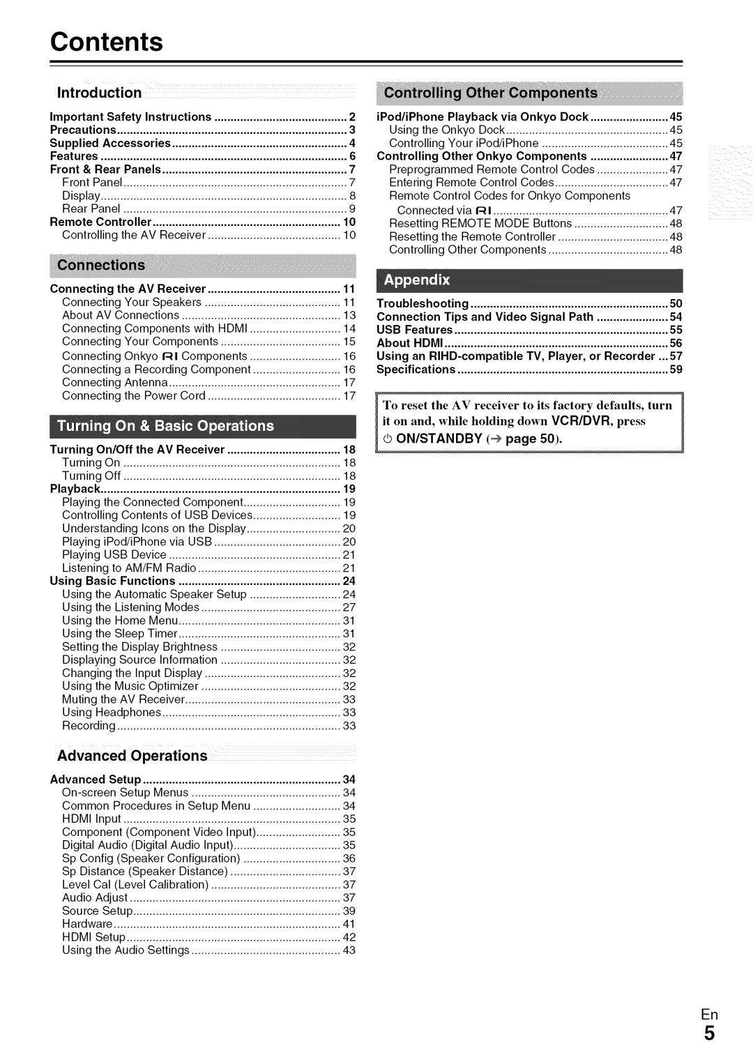 Onkyo HT-R590 instruction manual Contents 