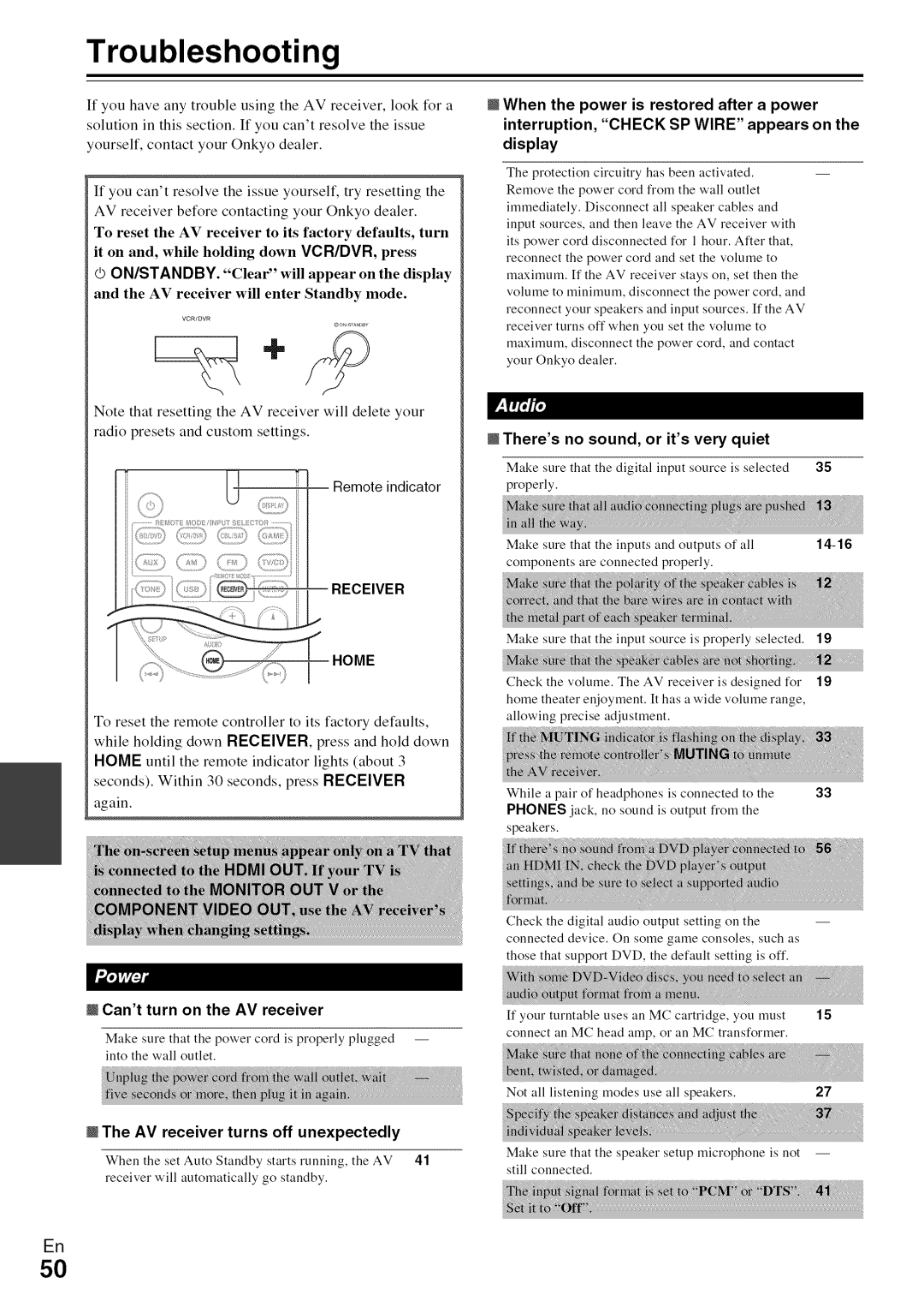 Onkyo HT-R590 instruction manual Troubleshooting, Home, Cantturn on the AV receiver, Theres no sound Or itsvery Quiet 