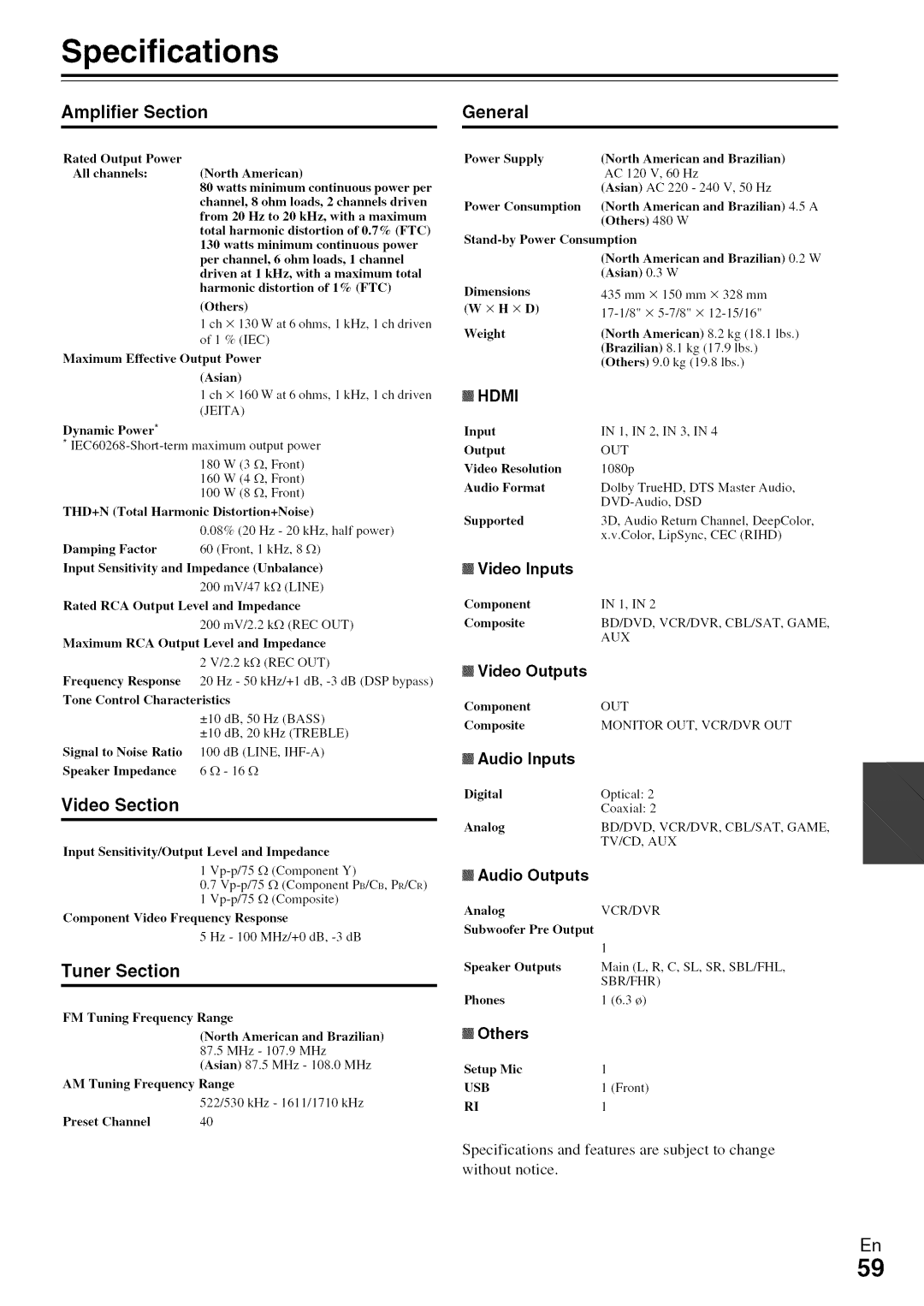 Onkyo HT-R590 instruction manual Specifications, Amplifier Section General, Video Section, Tuner Section 