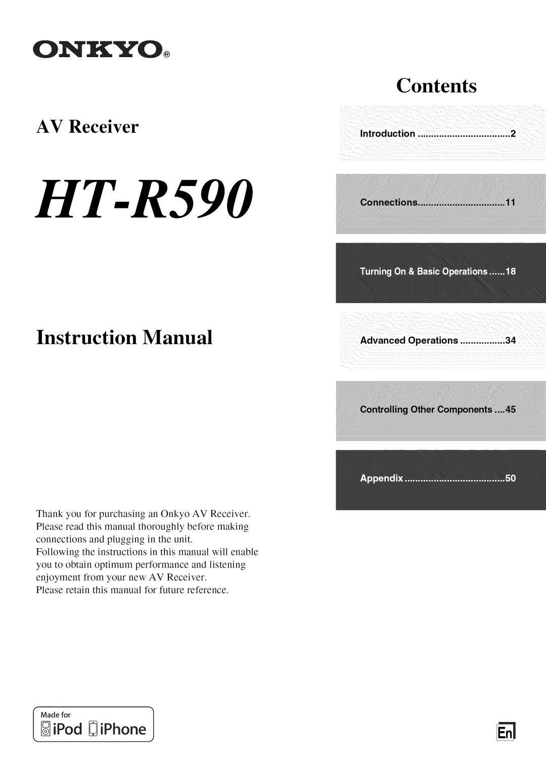 Onkyo HT-R590 instruction manual M iPoddef iPhone, OINKYOo, Contents, AV Receiver, Instruction Manual 