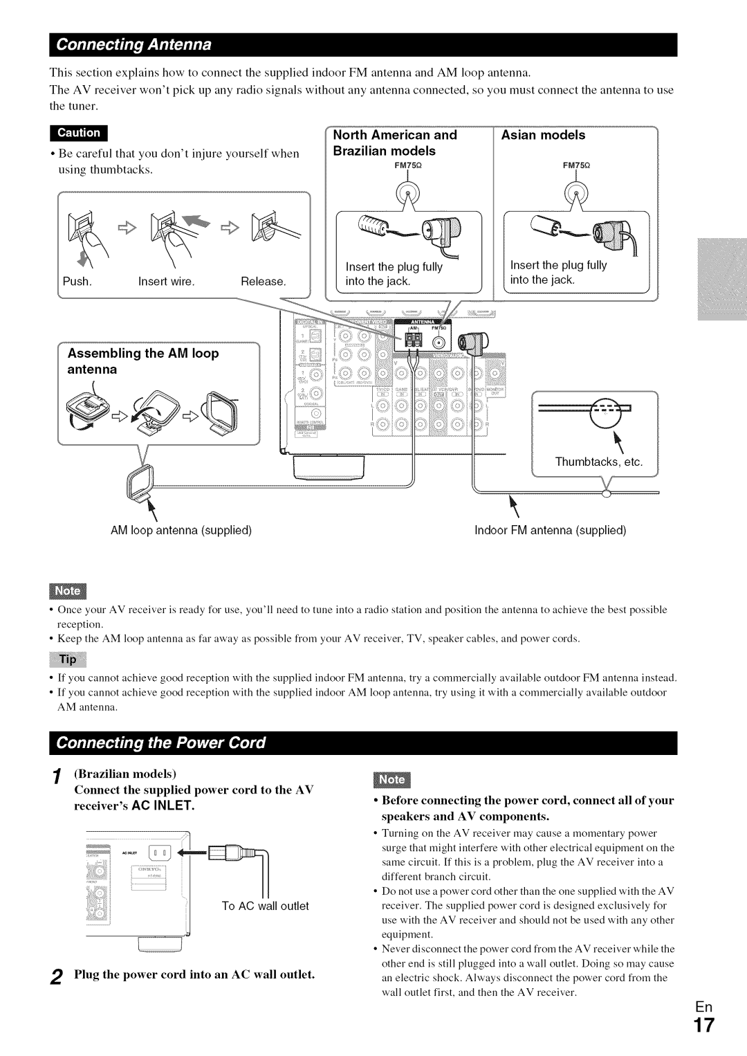 Onkyo HT-R590 instruction manual Asian models, • Be careful that you dont injure yourself when, using thumbtacks 