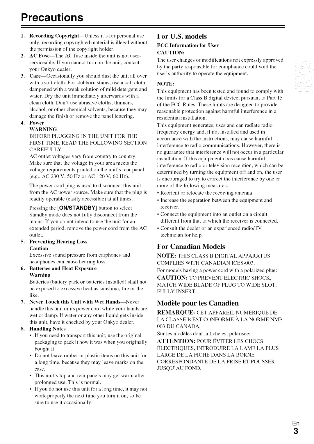 Onkyo HT-R590 instruction manual Precautions, For Canadian Models, ModUle pour les Canadien 