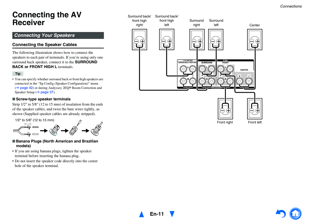 Onkyo HT-r591 instruction manual Connecting the AV Receiver, En-11, Connecting Your Speakers, Connecting the Speaker Cables 