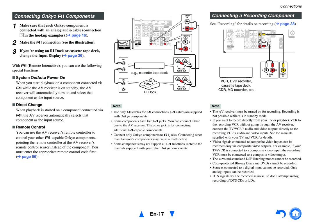 Onkyo HT-r591 instruction manual En-17, Connecting Onkyo uComponents, Connecting a Recording Component 