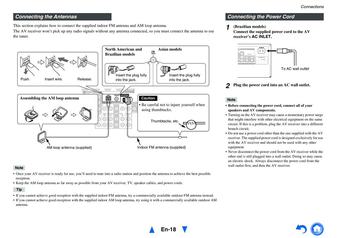 Onkyo HT-r591 instruction manual En-18, Connecting the Antennas, Connecting the Power Cord 