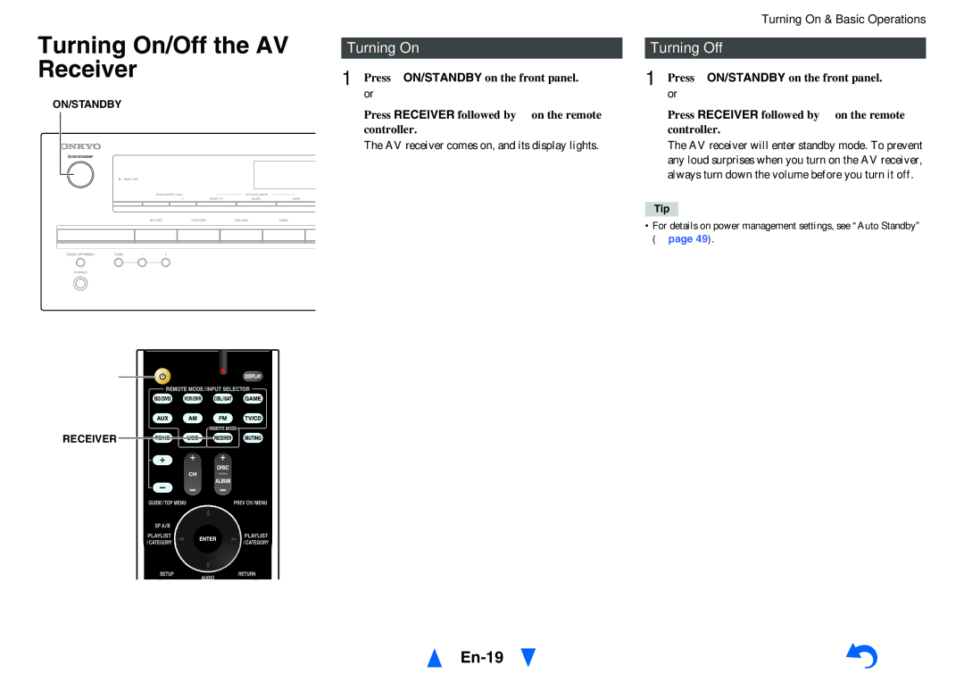 Onkyo HT-r591 instruction manual Turning On/Off the AV Receiver, En-19, Turning On Turning Off 