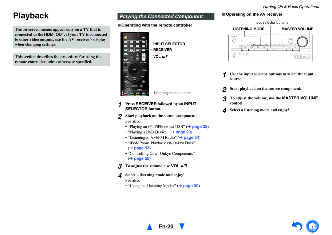 Onkyo HT-r591 instruction manual Playback, En-20, Playing the Connected Component 