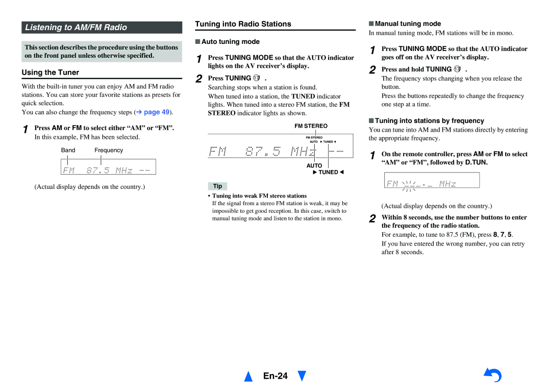 Onkyo HT-r591 instruction manual En-24, Listening to AM/FM Radio, Using the Tuner, Tuning into Radio Stations 