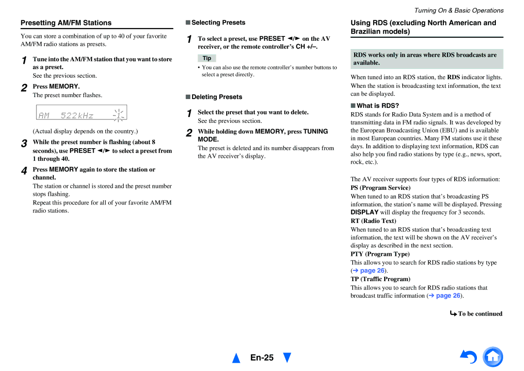 Onkyo HT-r591 instruction manual En-25, Presetting AM/FM Stations, Using RDS excluding North American and Brazilian models 