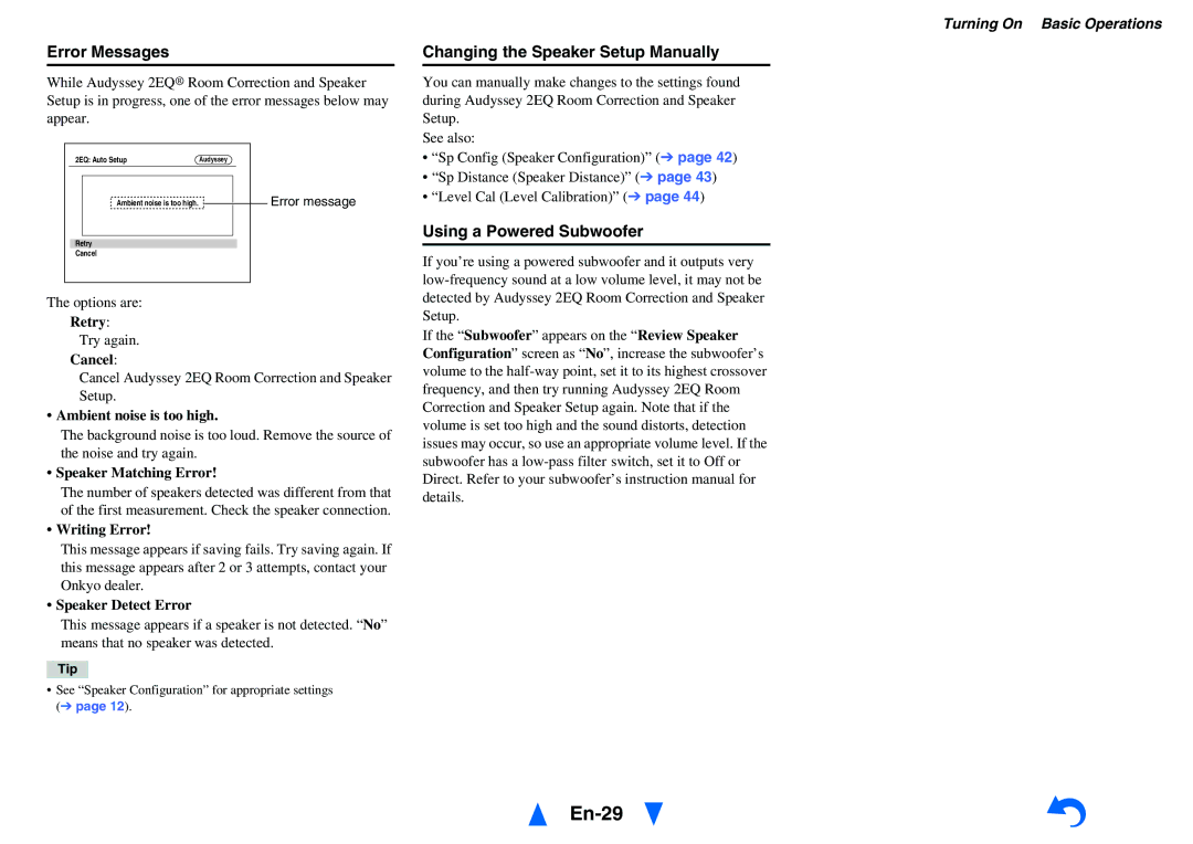 Onkyo HT-r591 instruction manual En-29, Error Messages, Changing the Speaker Setup Manually 