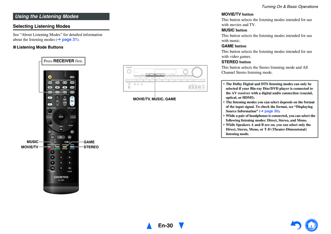 Onkyo HT-r591 instruction manual En-30, Using the Listening Modes, Selecting Listening Modes 