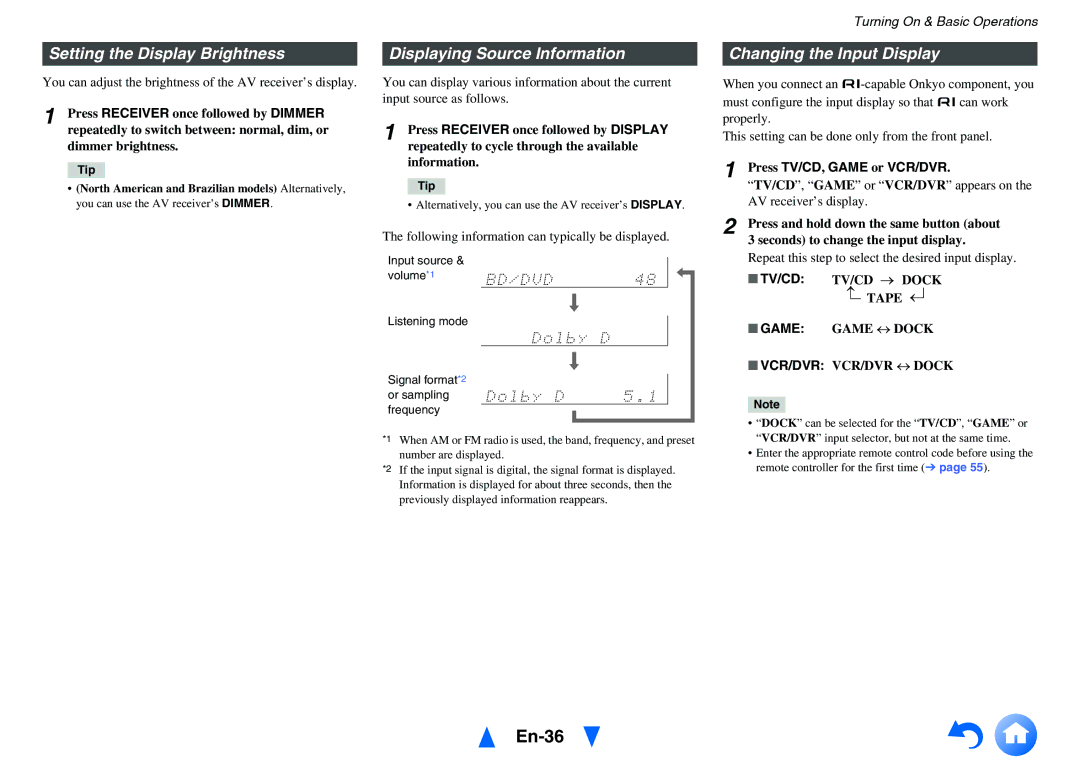 Onkyo HT-r591 En-36, Setting the Display Brightness, Displaying Source Information, Changing the Input Display 
