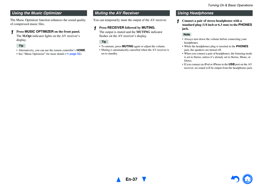 Onkyo HT-r591 instruction manual En-37, Using the Music Optimizer, Muting the AV Receiver, Using Headphones 