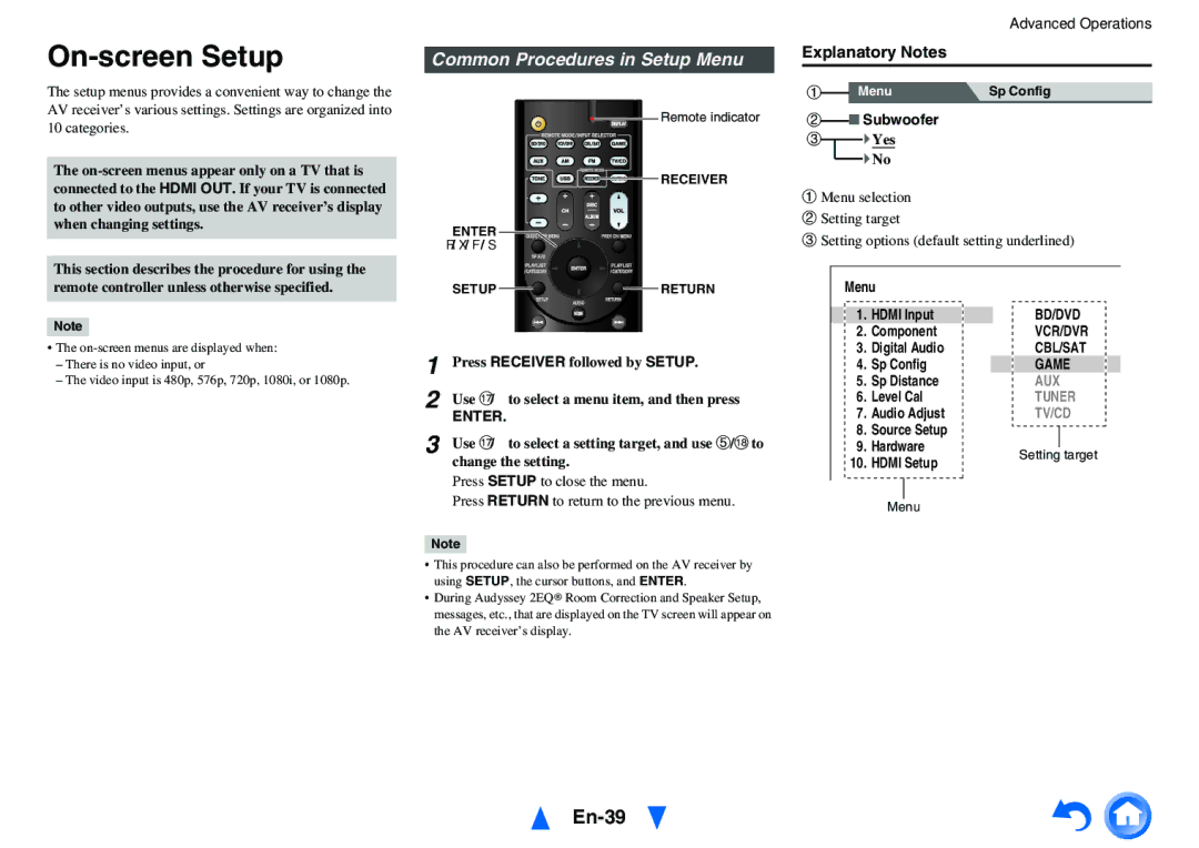 Onkyo HT-r591 instruction manual On-screen Setup, En-39, Common Procedures in Setup Menu, Explanatory Notes, Subwoofer 