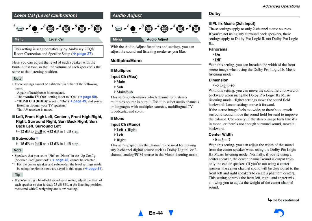 Onkyo HT-r591 instruction manual En-44, Level Cal Level Calibration Audio Adjust, Dolby, Multiplex/Mono 