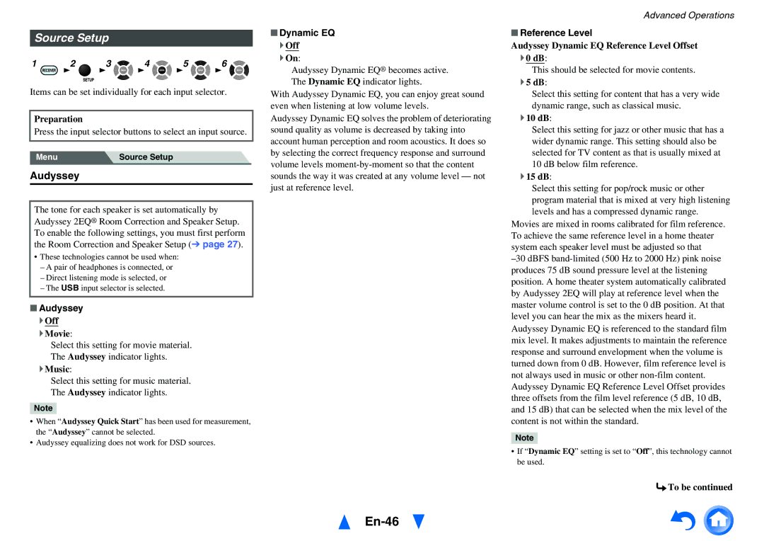 Onkyo HT-r591 instruction manual En-46, Source Setup, Audyssey 