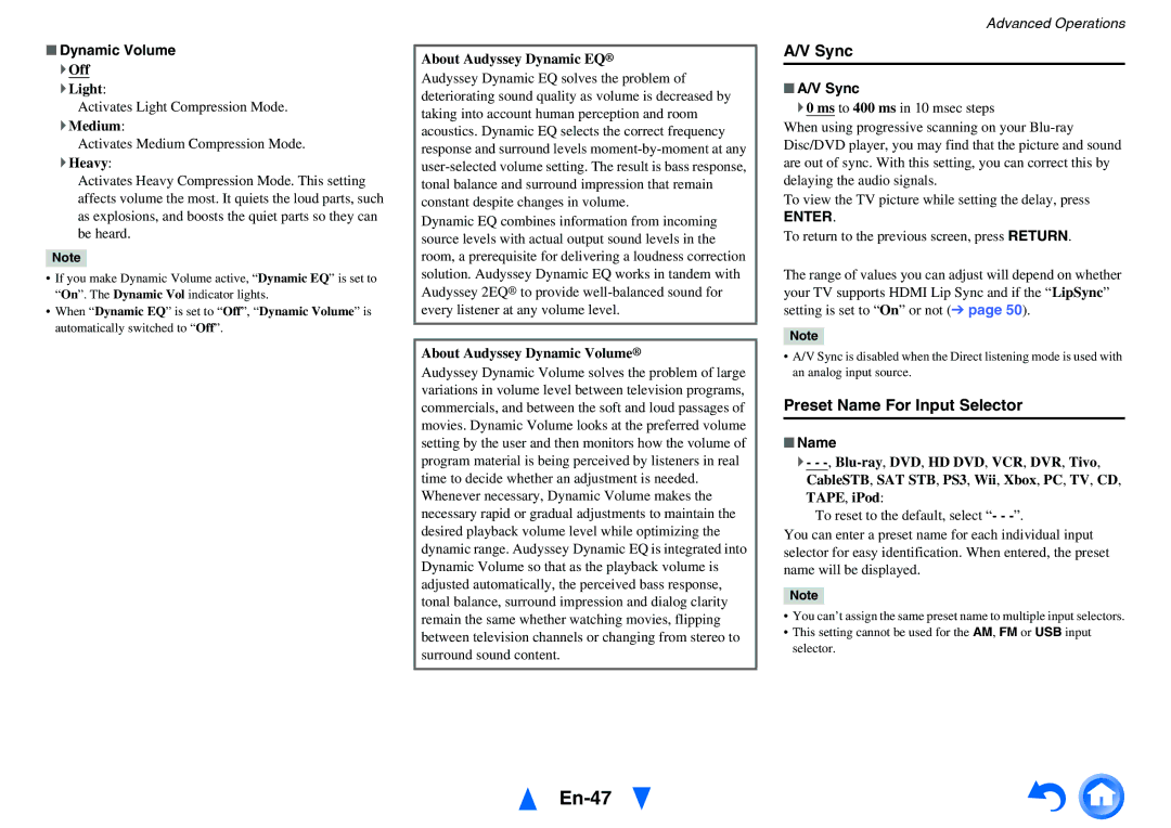 Onkyo HT-r591 instruction manual En-47, Sync, Preset Name For Input Selector 