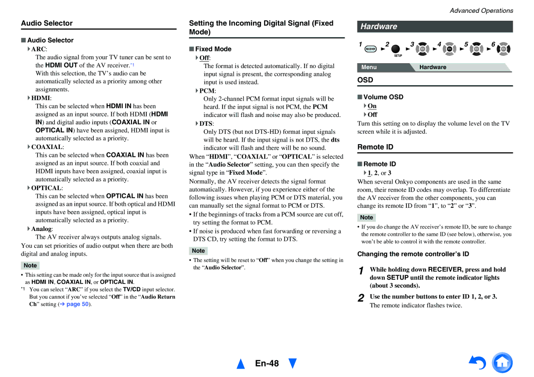 Onkyo HT-r591 instruction manual En-48, Hardware, Audio Selector, Setting the Incoming Digital Signal Fixed Mode, Remote ID 