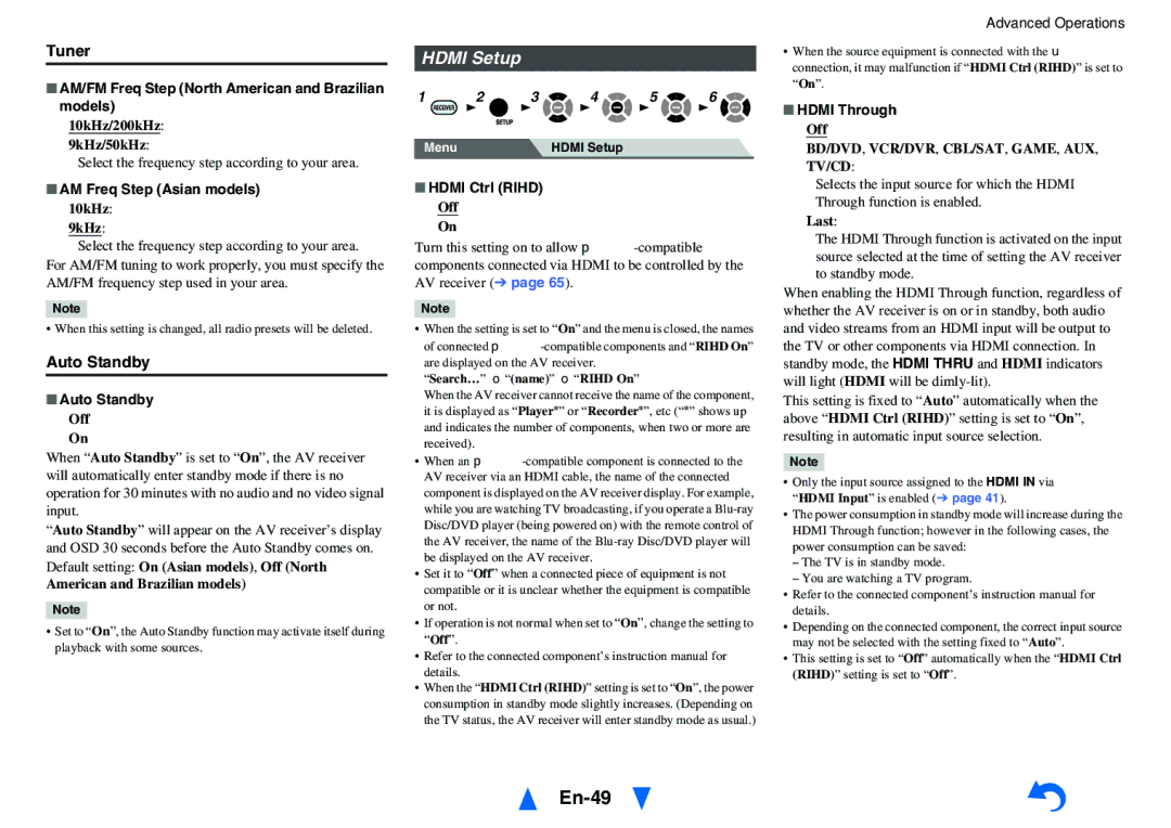 Onkyo HT-r591 instruction manual En-49, Hdmi Setup, Tuner, Auto Standby 