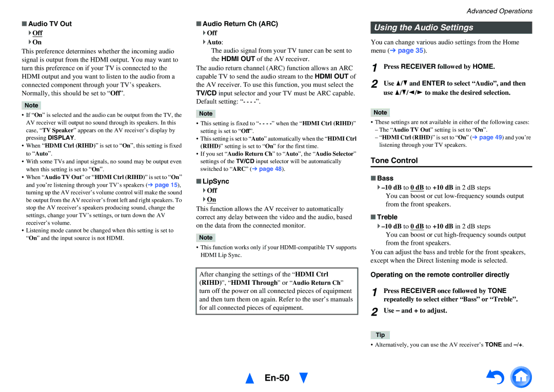 Onkyo HT-r591 instruction manual En-50, Using the Audio Settings, Tone Control 