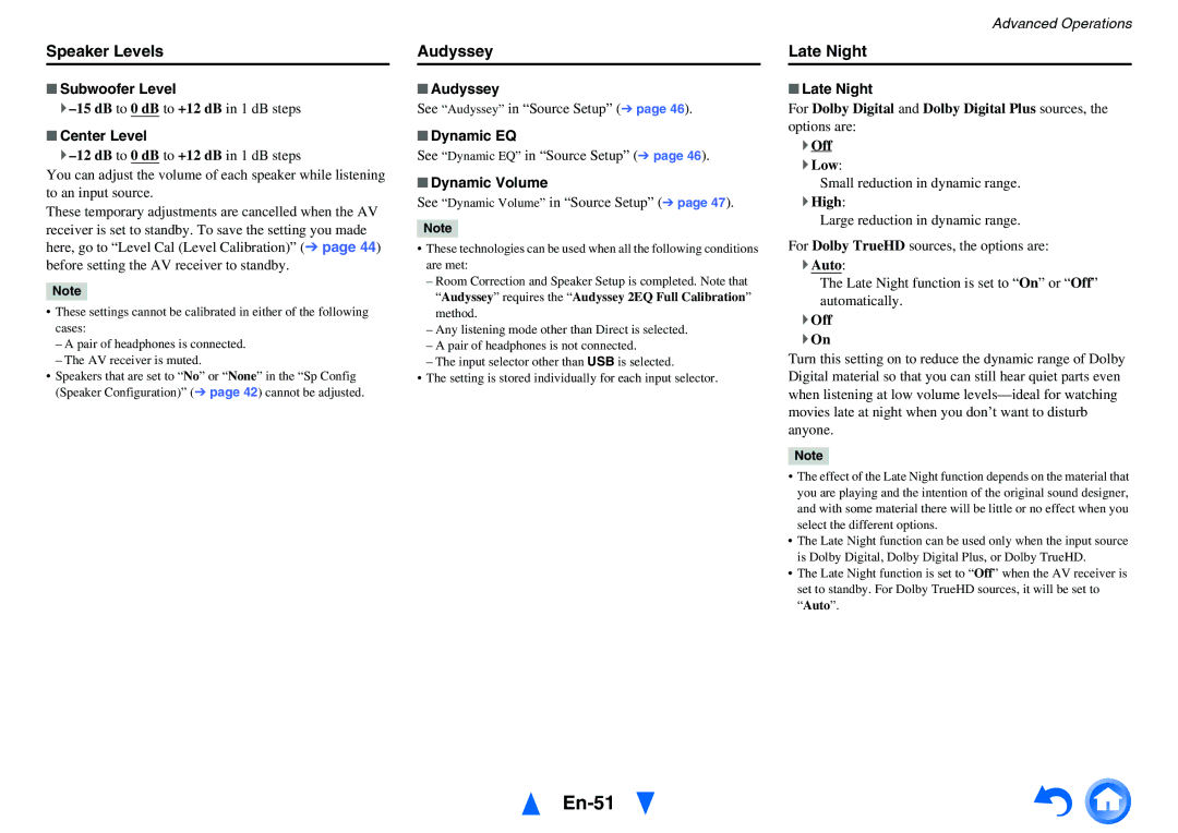 Onkyo HT-r591 instruction manual En-51, Speaker Levels, Late Night 