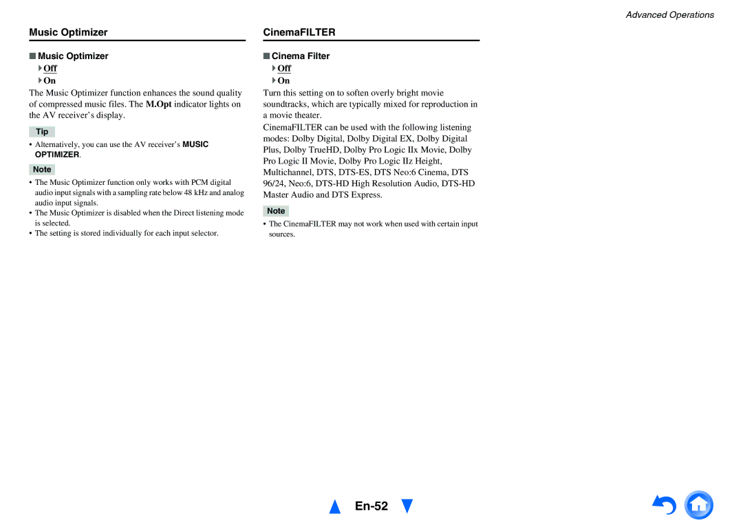 Onkyo HT-r591 instruction manual En-52, Music Optimizer, CinemaFILTER, Cinema Filter 