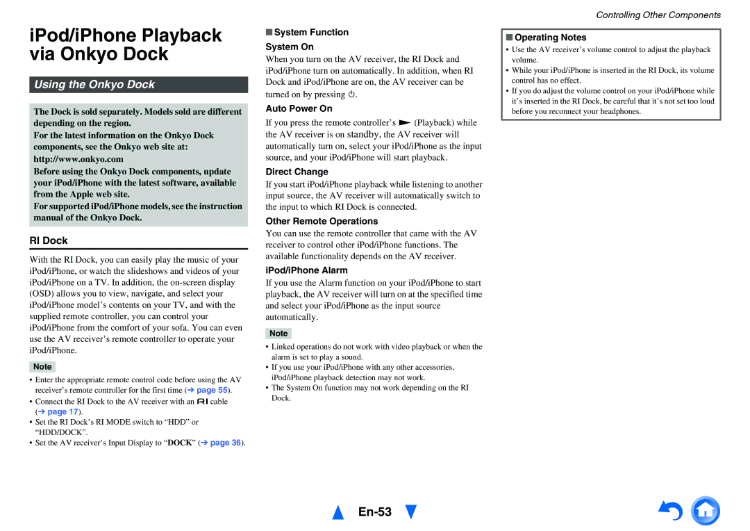 Onkyo HT-r591 instruction manual IPod/iPhone Playback via Onkyo Dock, En-53, Using the Onkyo Dock, RI Dock 