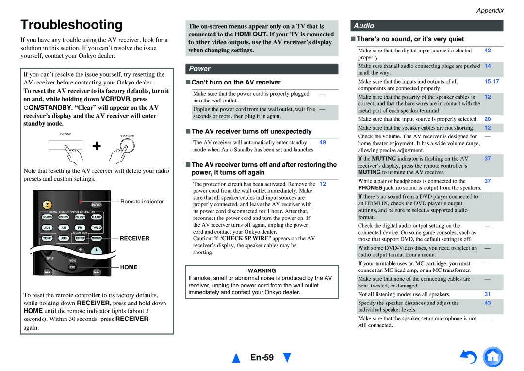 Onkyo HT-r591 instruction manual Troubleshooting, En-59, Can’t turn on the AV receiver, AV receiver turns off unexpectedly 