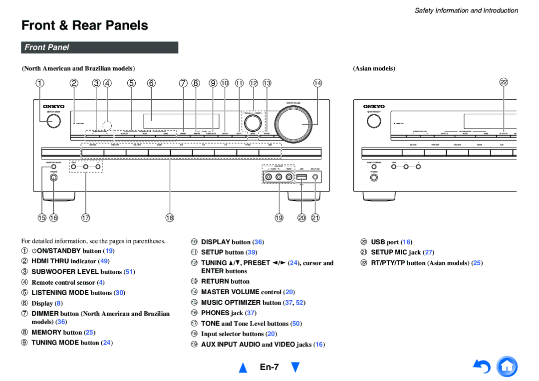 Onkyo HT-r591 instruction manual Front & Rear Panels, En-7, Front Panel 