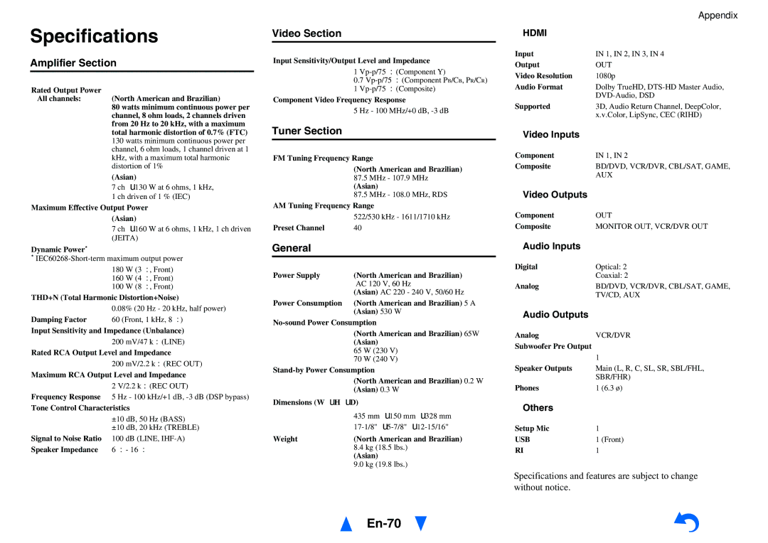 Onkyo HT-r591 instruction manual Specifications, En-70 