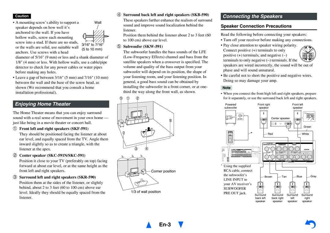 Onkyo HT-r591 Enjoying Home Theater, Connecting the Speakers, Front left and right speakers SKF-591, Subwoofer SKW-591 