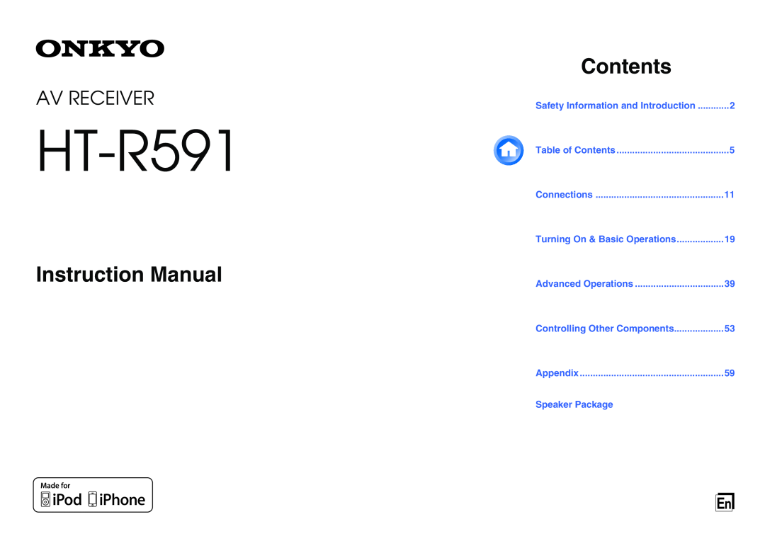 Onkyo HT-r591 instruction manual HT-R591, Contents, Av Receiver, Safety Information and Introduction, Speaker Package 