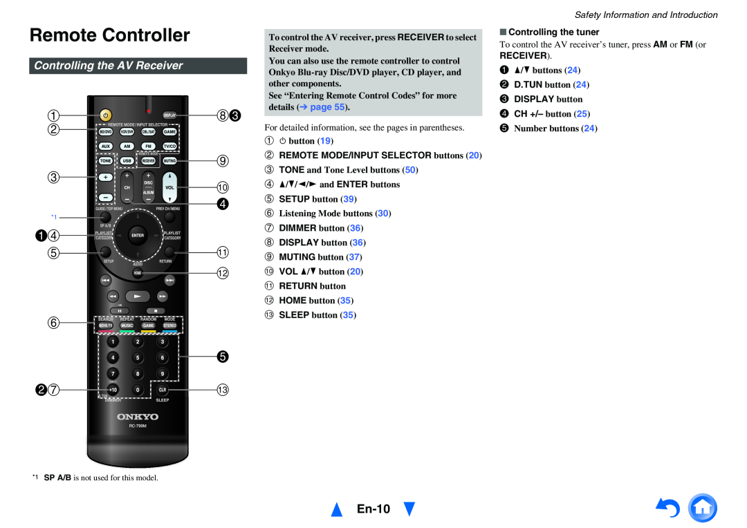 Onkyo HT-r591 Remote Controller, ade f, e bgm, En-10, Controlling the AV Receiver, Safety Information and Introduction 