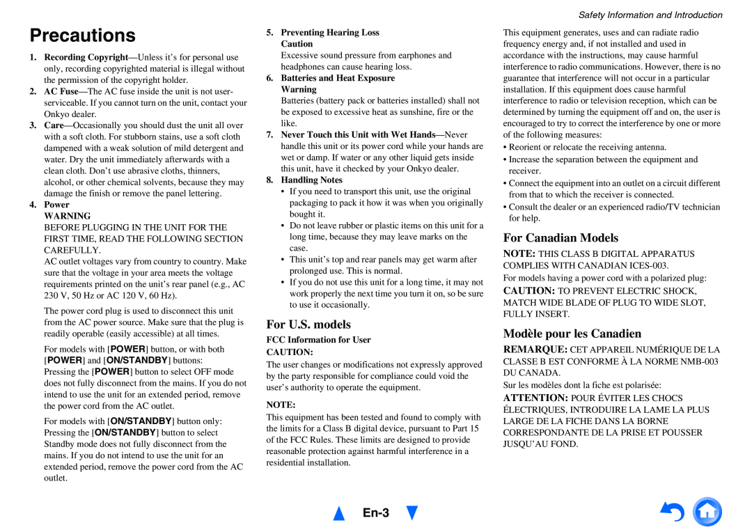 Onkyo HT-r591 instruction manual Precautions, En-3, For U.S. models, For Canadian Models, Modèle pour les Canadien 