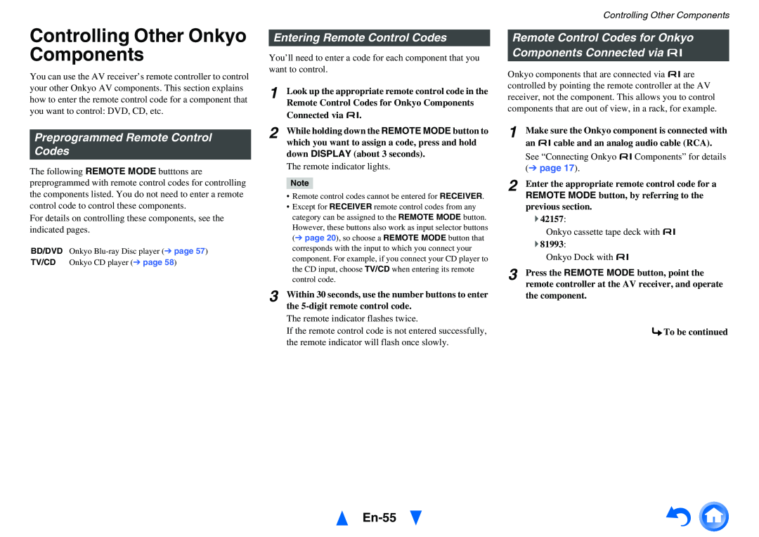 Onkyo HT-r591 Controlling Other Onkyo Components, En-55, Preprogrammed Remote Control Codes, Entering Remote Control Codes 