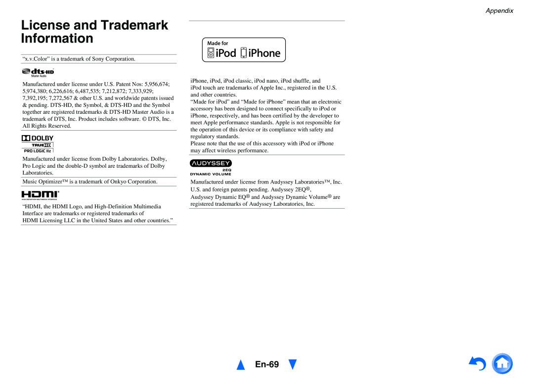 Onkyo HT-r591 instruction manual License and Trademark Information, En-69, Appendix 