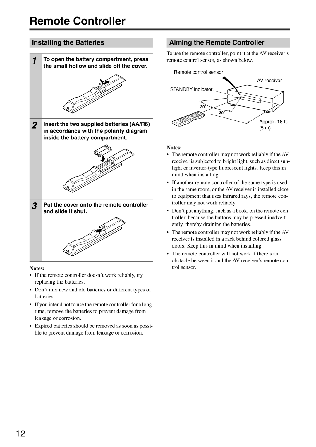 Onkyo HT-R640 instruction manual Installing the Batteries, Aiming the Remote Controller 