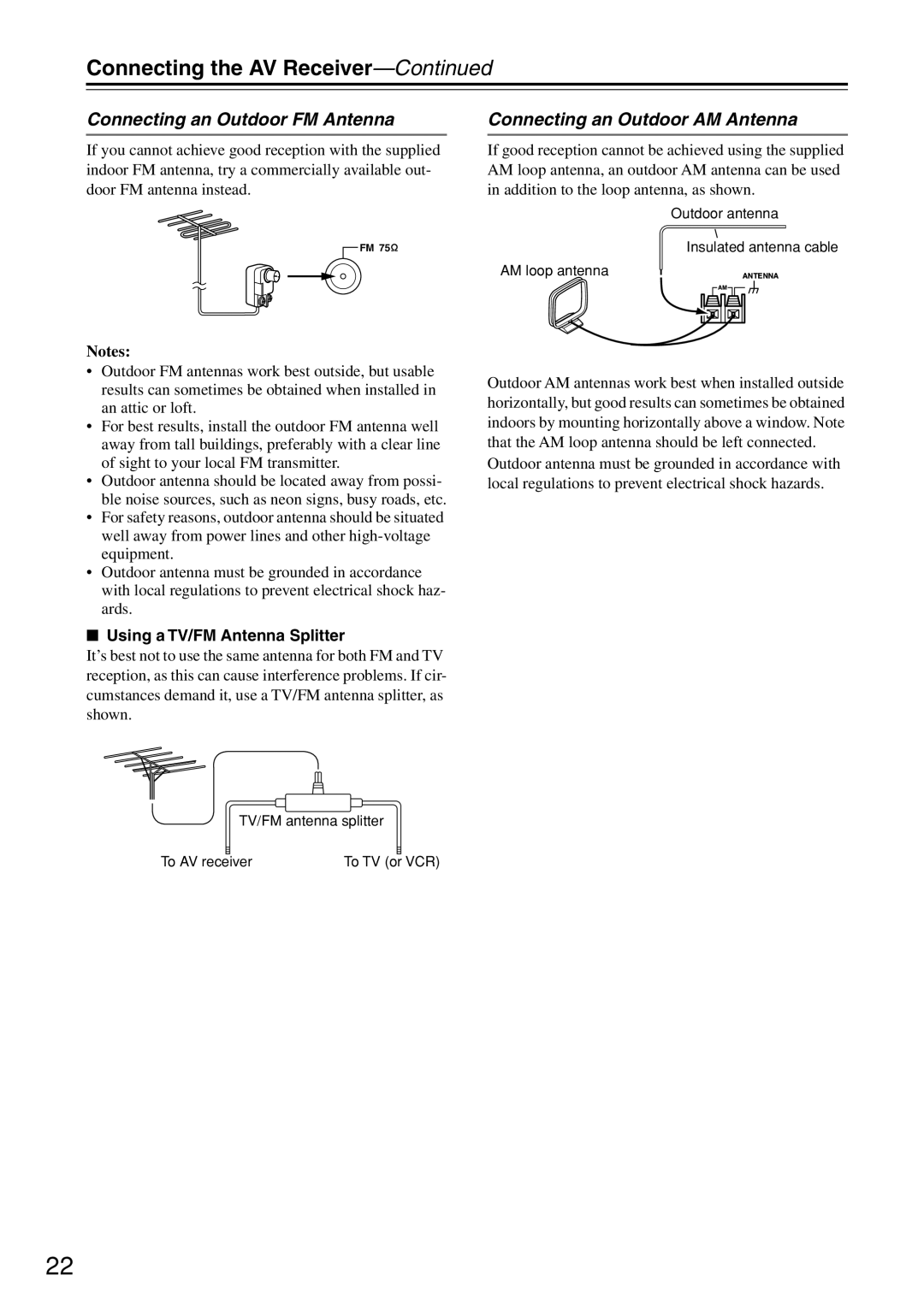 Onkyo HT-R640 Connecting an Outdoor FM Antenna, Connecting an Outdoor AM Antenna, Using a TV/FM Antenna Splitter 