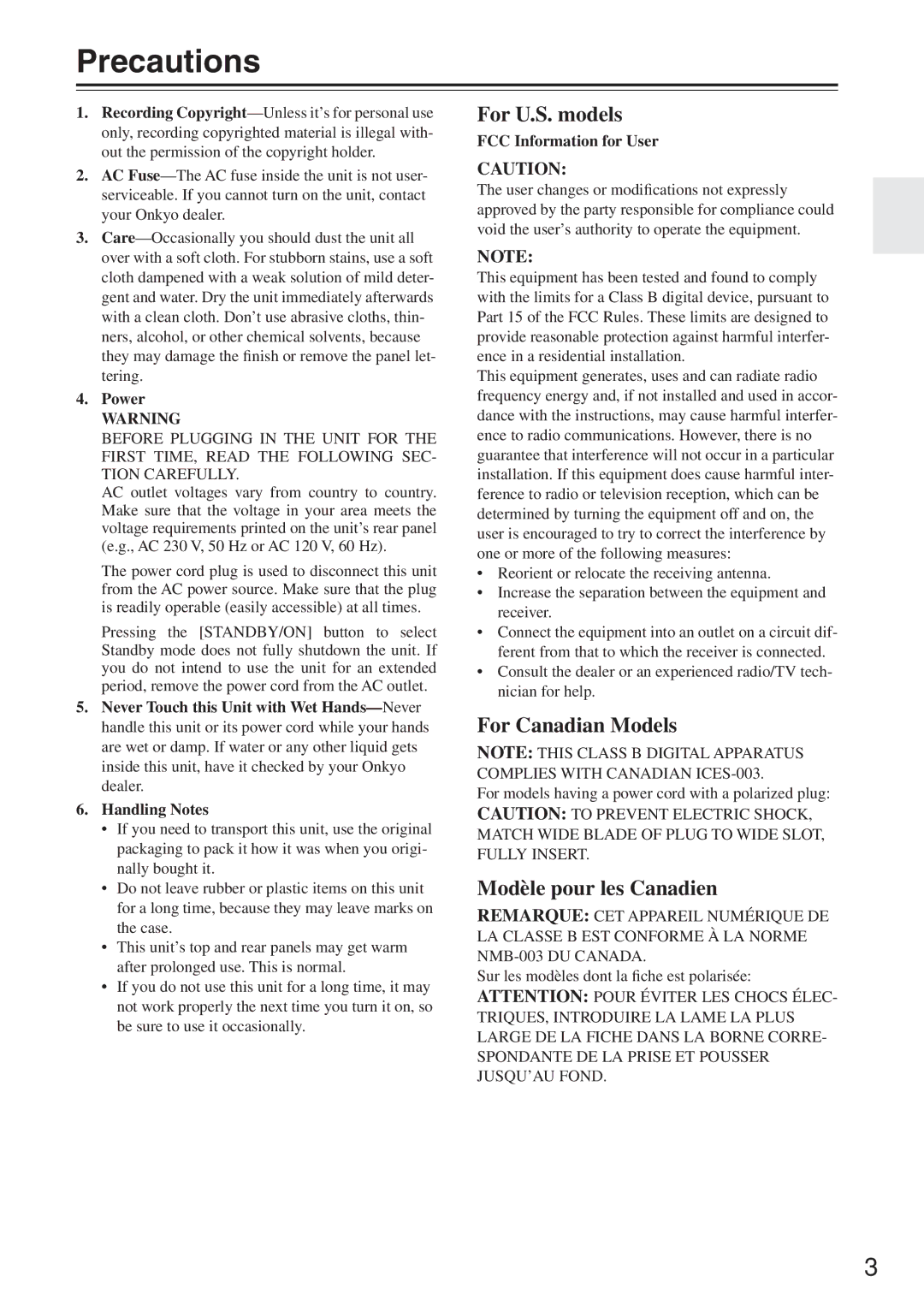 Onkyo HT-R640 Precautions, Power, FCC Information for User, For models having a power cord with a polarized plug 