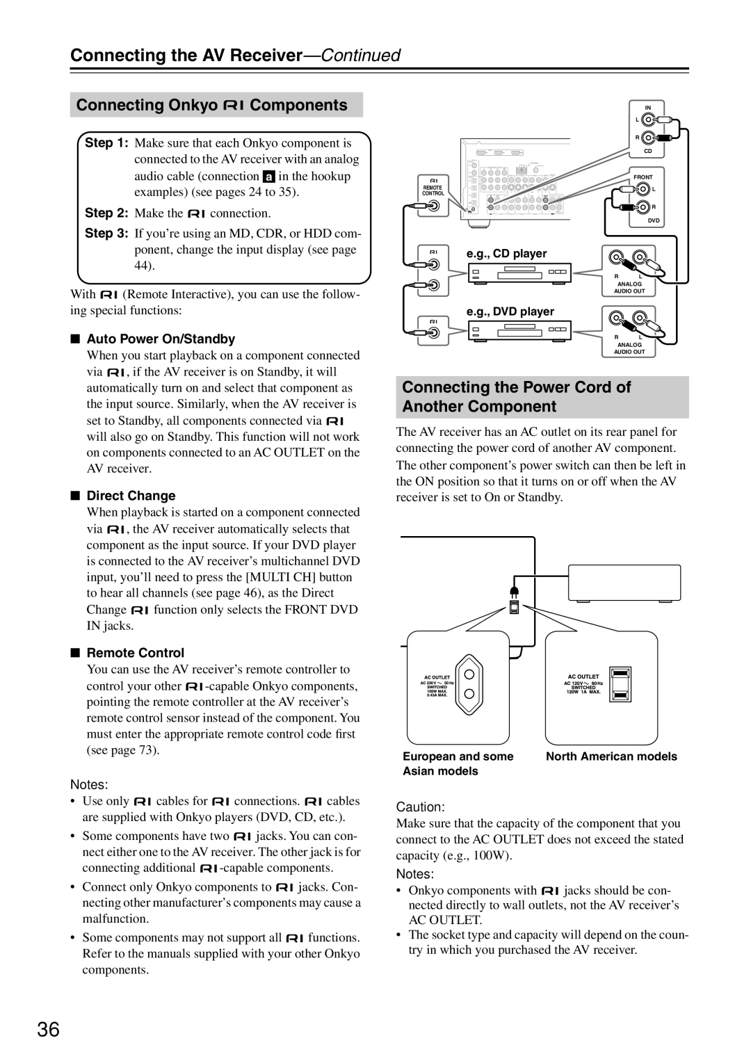 Onkyo HT-R640 Connecting Onkyo Components, Connecting the Power Cord of Another Component, Auto Power On/Standby 